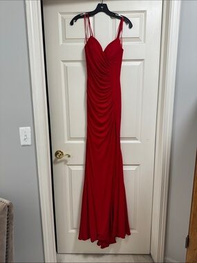 Jovani Red Ruched Maxi Dress with Double Spaghetti Straps